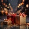 Compose a captivating image of a delectable gift boxs set against a festive Christmas bokeh background