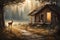 Compose a scene that depicts a curious deer standing outside a rustic hut
