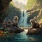 Compose a serene landscape of a serene waterfall surrounded by a family of otters frolicking in the nearby stream by AI generated
