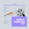Composite of 14 nov and world diabetes day text over stethoscope and syringe on medical report
