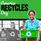 Composite of america recycles day text and diverse people with green recycling sign