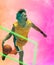 Composite of biracial male player playing basketball by rectangle on smoky background