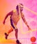 Composite of biracial male player playing basketball by triangle over smoky background