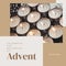 Composite of celebrate the beginning of advent text and lit candles on dark background