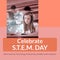 Composite of celebrate stem day text over caucasian student writing in book in classroom