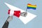 Composite collage image of hand hold loudspeaker megaphone lgbt rainbow colorful flag activist protest support equality