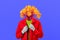 Composite collage image of headless person bunch fresh flowers instead head wear red jacket  on creative blue