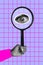 Composite collage picture of hand holding big magnifier lens investigate enigmatic eye search evidence isolated creative