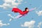 Composite collage picture image of confident dreamy flying woman superhero cape mask soar blue sky clouds business start