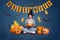 Composite collage of shocked witch girl hands hold pumpkin flying bats pumpkin skull spiders halloween letters flags