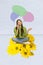 Composite collage template of young funny teenager girl speak telephone conversation message sitting yellow daisy