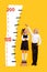 Composite collage of two schoolkids measure height isolated on creative drawing yellow background