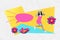 Composite collage of young funky girl touch sunhat communication message advert shopping ad plasticine flower isolated