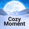 Composite of cozy moment text over winter landscape background