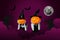 Composite creative photo collage of funny witches hold evil pumpkin on face celebrate halloween isolated on purple