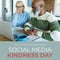 Composite of diverse senior couple using laptop at home and social media kindness day text