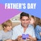 Composite of father\'s day text and caucasian father holding gift and sitting with boy and girl