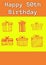 Composite of happy 50th birthday text and birthday presents on yellow background