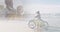 Composite of happy diverse senior using laptop at home, and on bikes at beach