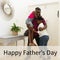 Composite of happy father\'s day text, happy african american daughters embracing father after work