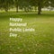 Composite of happy national public lands day text over trees in park