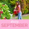 Composite of hello september text over biracial woman with watering can in garden