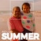 Composite of hello summer text and biracial smiling grandfather carrying granddaughter at beach