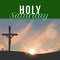 Composite of holy saturday text and silhouette crucifix on land against sky with setting sun