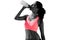 Composite image of beautiful healthy woman drinking water