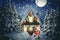 Composite image of cartoon santa running with sack