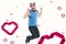 Composite image of geeky hipster jumping and smiling