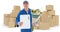 Composite image of happy flower delivery man showing clipboard