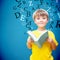 Composite image of happy pupil with book