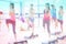 Composite image of instructor with fitness class performing step aerobics exercise