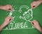 Composite image of multiple hands writing idea with chalk