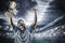 Composite image of portrait of happy sportsman cheering while holding trophy