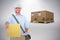 Composite image of portrait of postman delivering letter