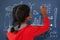 Composite image of rear view of girl with braided hair holding chalk