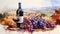 Composite image of red wine and grapes against Tuscan landscape