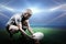 Composite image of rugby player keeping ball on kicking tee