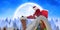 Composite image of santa sits leaned on his bag