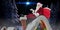 Composite image of santa sits leaned on his bag and has no clue