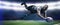 Composite image of sportsman jumping for catching rugby ball