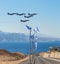 Composite image with State Flags of Israel and overflight military modern fighters