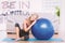 A Composite image of toned blonde sitting beside exercise ball smiling at camera