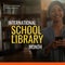 Composite of international school library month, biracial woman in hijab using cellphone in library