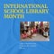 Composite of international school library month and happy diverse teacher and students in library