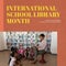 Composite of international school library month text and diverse teacher reading book for children