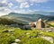 Composite landscape with fortress in woods on mountain hillside