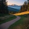 composite mountain landscape. path through meadow on mountain range with huge boulders near pine forest on